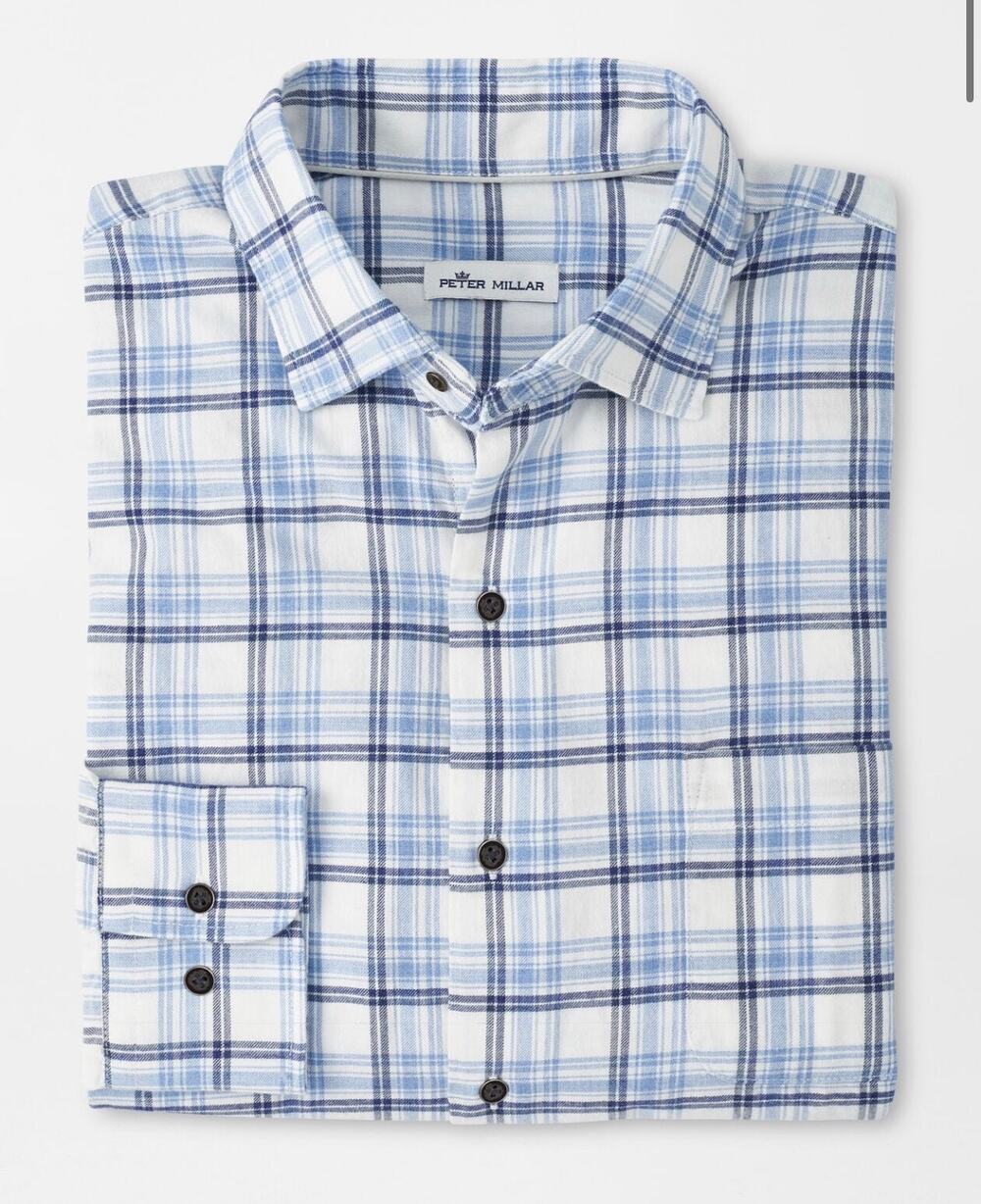 Peter Millar Mallard View Cotton Sport Shirt Blue Plaid Size Medium